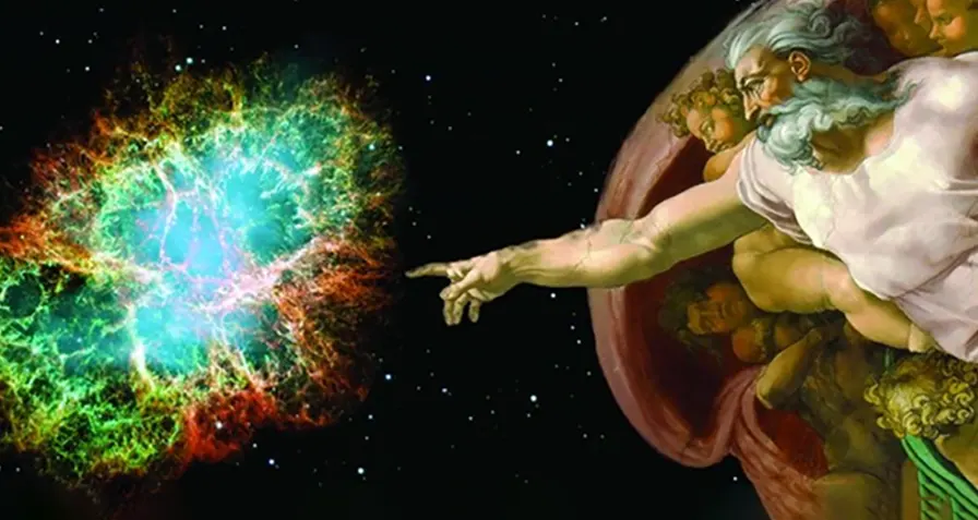 Artistic representation of a deity reaching towards a colorful cosmic nebula.