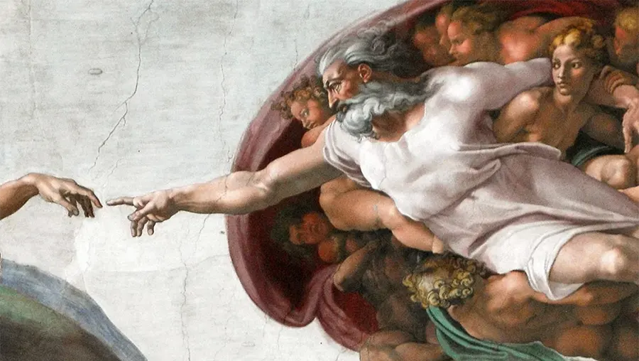 Detail from the fresco 'The Creation of Adam' showing God reaching out to Adam.