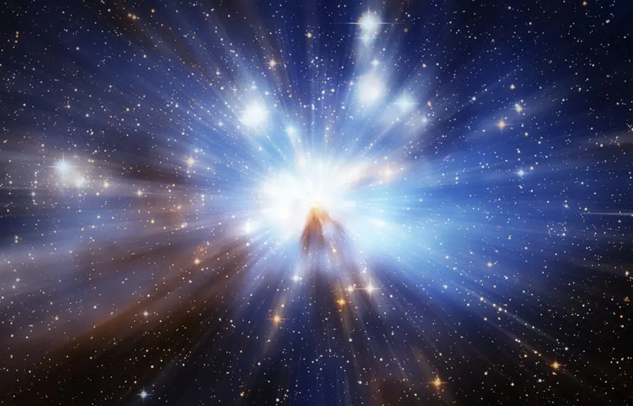 A cosmic explosion featuring bright stars and rays of light in a dark space background.