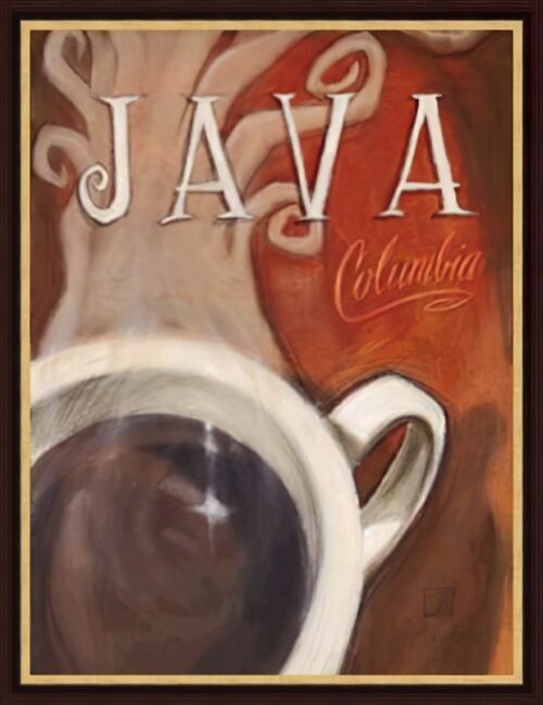 Artistic depiction of a coffee cup with steam, featuring the word 'Java' and 'Columbia' in a stylized font, representing coffee culture.