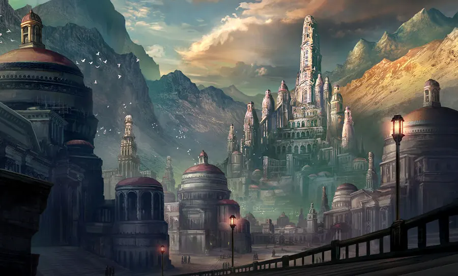 A fantasy landscape featuring tall structures and mountains in the background under a cloudy sky.