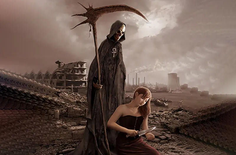 A figure of the Grim Reaper stands behind a woman holding a knife in a desolate landscape.