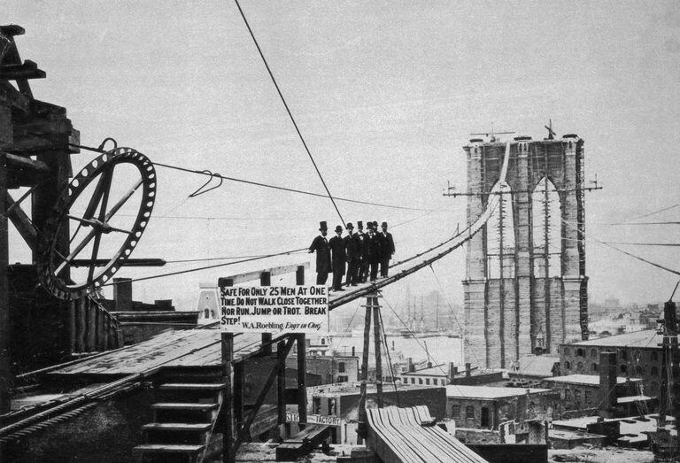 Brooklyn Bridge Construction Cables Historic image of Brooklyn Bridge construction showing cables and workers on a beam, highlighting engineering and architectural efforts.