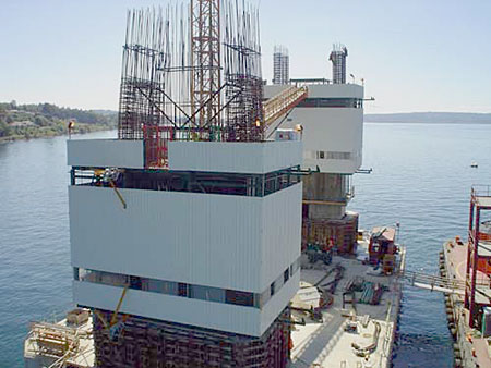 Construction site featuring two large structures with scaffolding and cranes on a waterfront, showcasing industrial building progress.