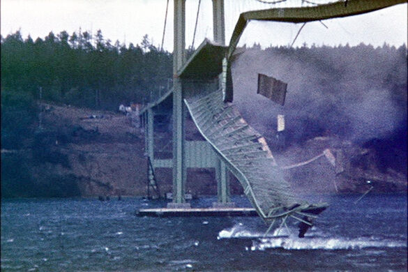 The Tacoma Narrows Bridge partially collapsed over water, with debris falling into the river below.