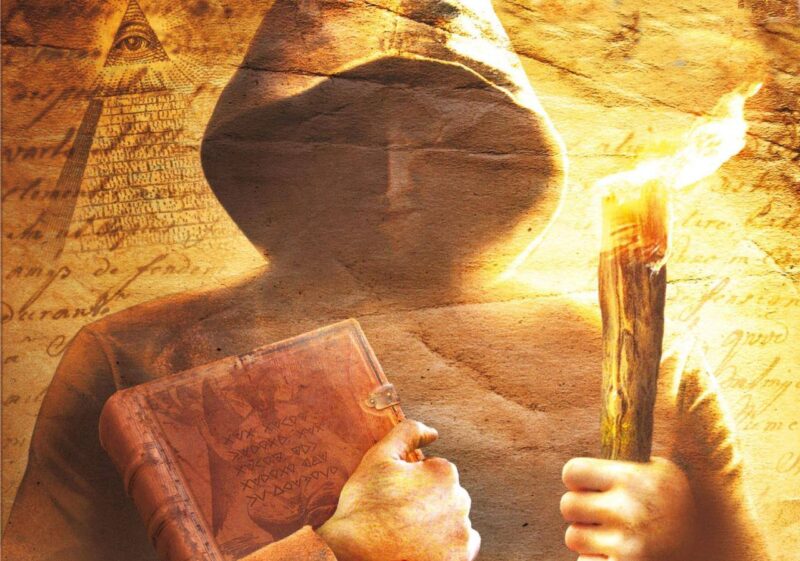 A cloaked figure holding a book and a torch, symbolizing Gnostic knowledge and mystery, with ancient writings in the background.