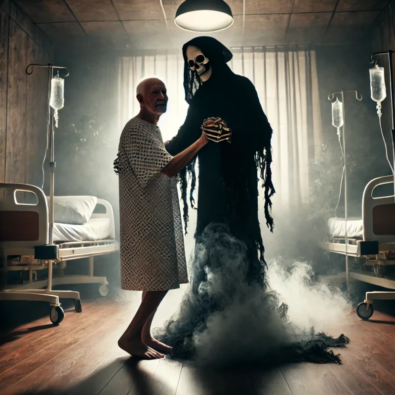 A Grim Reaper figure interacting with an elderly patient in a hospital setting, symbolizing life and death themes.