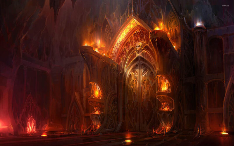 A gothic-style entrance featuring intricate designs and glowing flames, set in a dark, mystical environment. Ideal for fantasy themes.