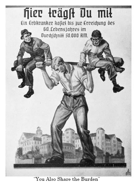 Nazi propaganda poster depicting the social & economic burden of the mentally and physically disabled.