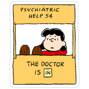 Cartoon image of a character named Lucy offering psychiatric help at a stand labeled 'The Doctor is In'.