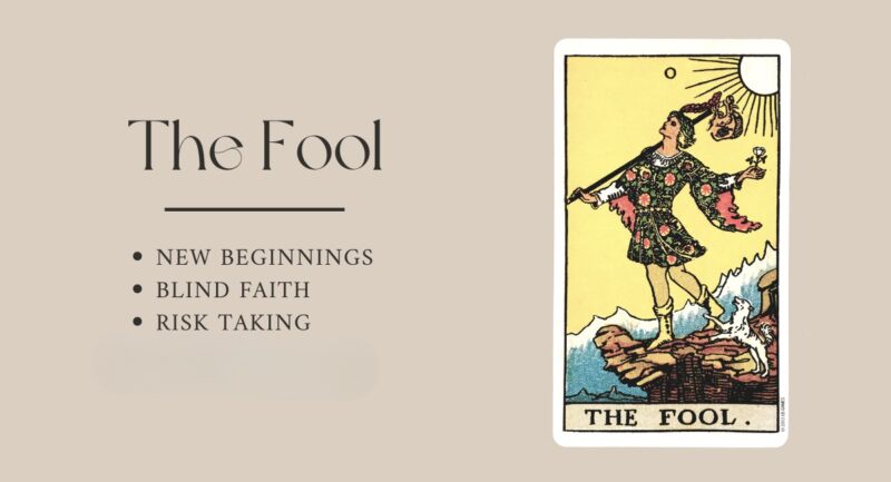 The Fool tarot card featuring a figure walking on a cliff with a small dog and a sun in the background.