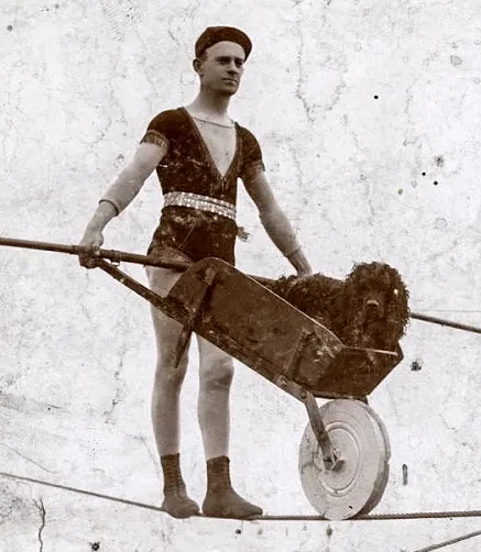 A tightrope walker balancing on a rope while pushing a wheelbarrow with a dog inside, showcasing a unique performance art.