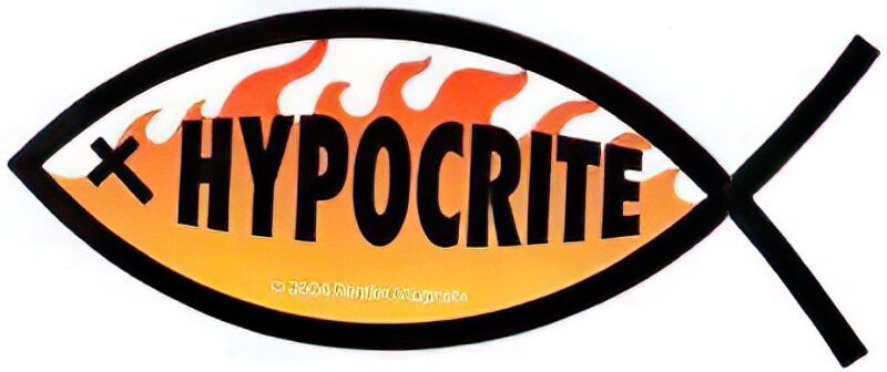 Hypocrite fish bumper sticker featuring flames and bold text, representing a critical message about hypocrisy.